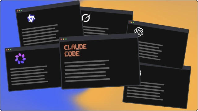 Overlapping agent terminal windows on a tangerine and cobalt mesh.